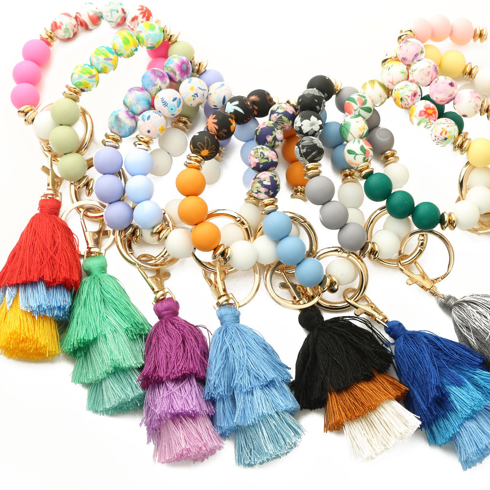Personalized Wooden Beading Western Style Tassel Charm Bangle Keychain
