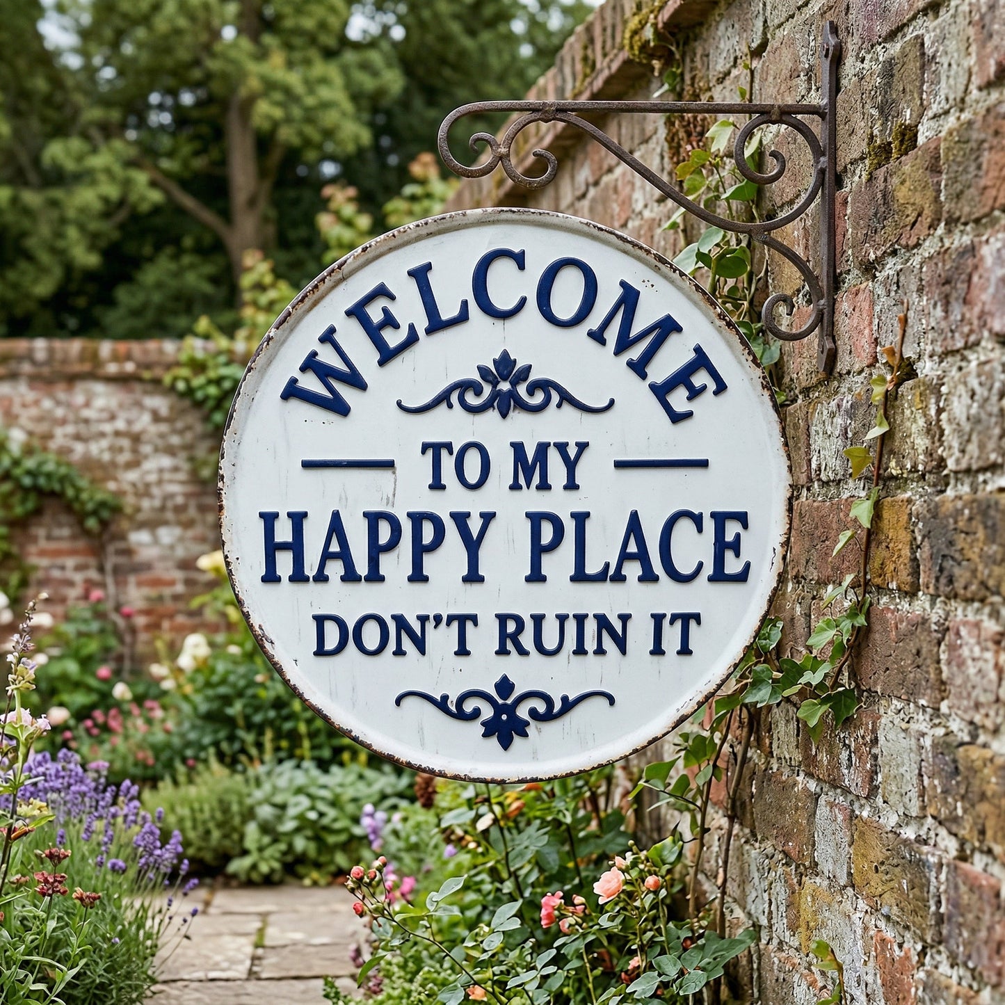 “Welcome to My Happy Place Don’t Ruin It” Garden Wall Decor