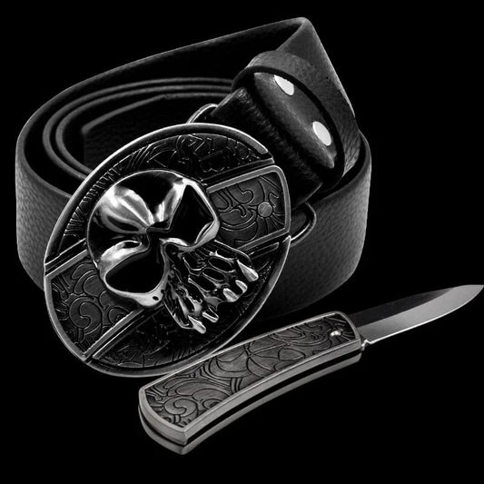 Fashion Punk Men's Genuine Leather Belt With Knife - Skull