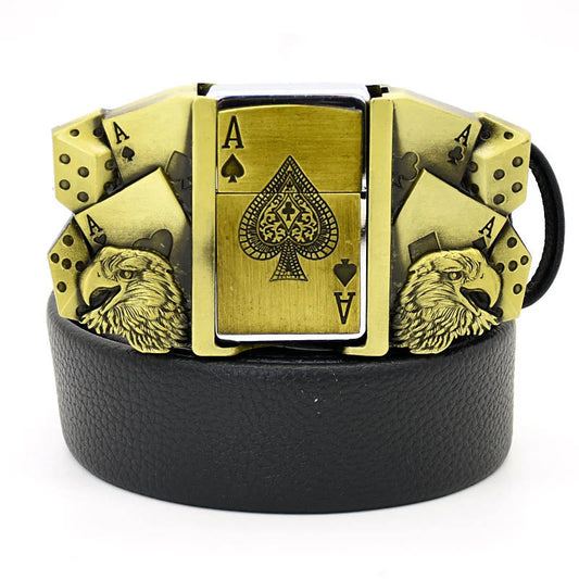 (New Arrival) Fashion Punk Men's Genuine Leather Belt With Lighter - Poker Eagle