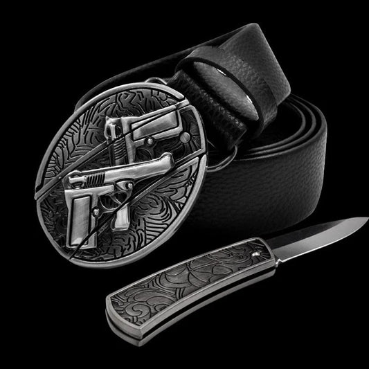 Fashion Punk Men's Genuine Leather Belt With Knife - Double Gun