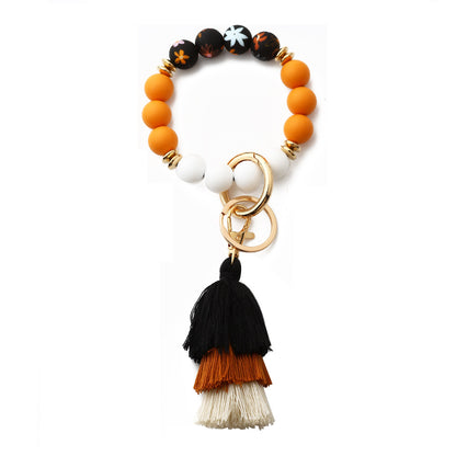 Personalized Wooden Beading Western Style Tassel Charm Bangle Keychain