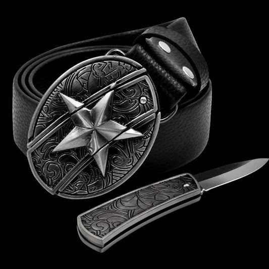 Fashion Punk Men's Genuine Leather Belt With Knife - Pentagram