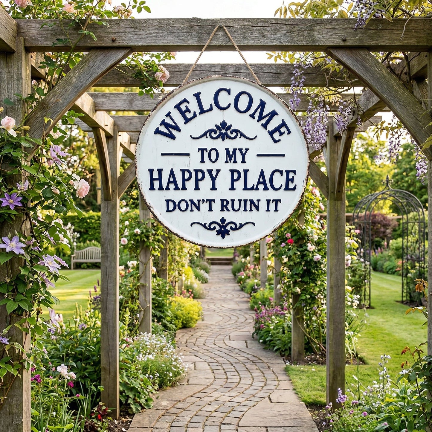 “Welcome to My Happy Place Don’t Ruin It” Garden Wall Decor