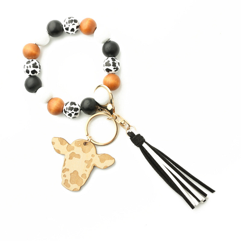 Personalized Wooden Beading Cow Head & Tassel Charm Bangle Keychain