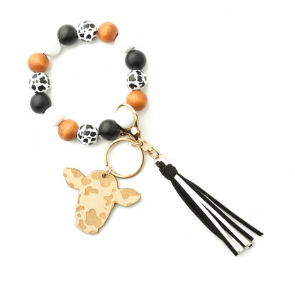 Personalized Wooden Beading Cow Head & Tassel Charm Bangle Keychain