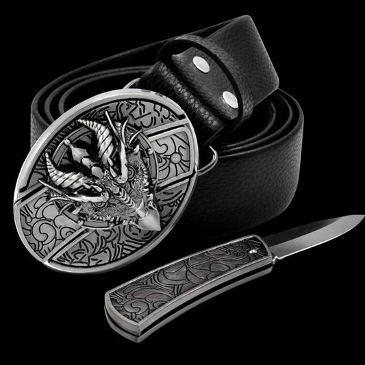 Fashion Punk Men's Genuine Leather Belt With Knife - Sharp-Billed Dragon