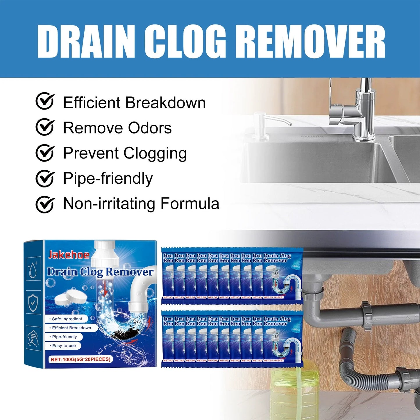 Strong Drain Effervescent Tablet for Kitchen & Bathroom Pipes, Dissolves 200 Clogs, Kills 99% Bacteria, Removes Odors, Unscented.-KPL