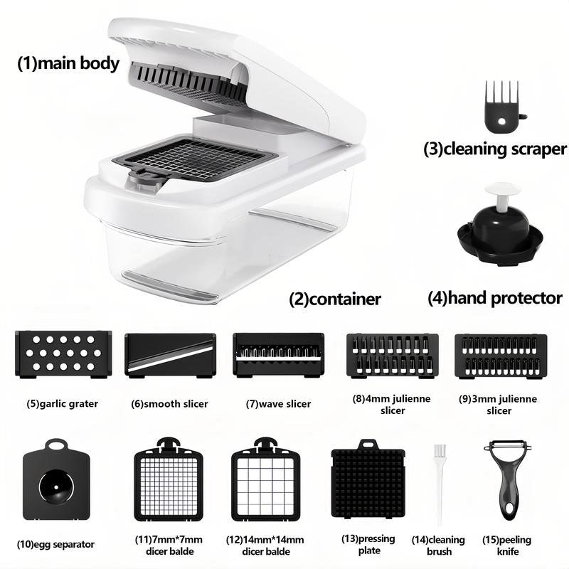 🔥Vegetable Chopper,15-in-1 Multifunctional Food Chopper,Professional Onion Chopper with 8 Blades,Vegetable Cutter with Container for Salad,Potato🥕🥦,Carrot,and Garlic; Essential Kitchen Tool-LGZ