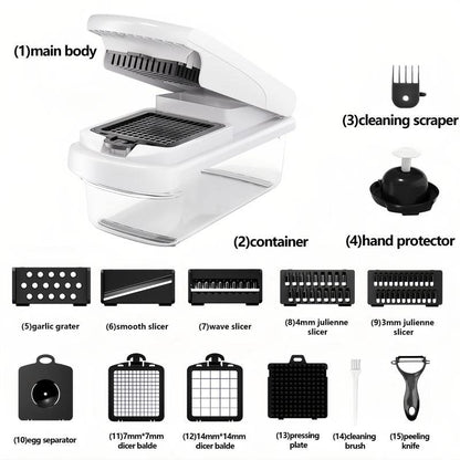 🔥Vegetable Chopper,15-in-1 Multifunctional Food Chopper,Professional Onion Chopper with 8 Blades,Vegetable Cutter with Container for Salad,Potato🥕🥦,Carrot,and Garlic; Essential Kitchen Tool-LGZ