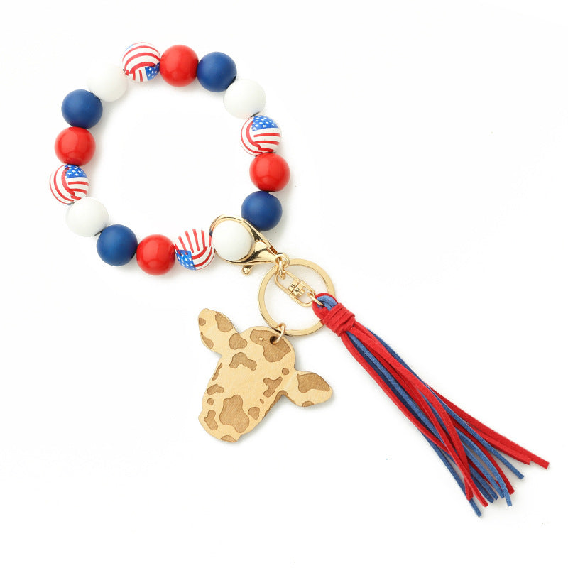 Personalized Wooden Beading Cow Head & Tassel Charm Bangle Keychain