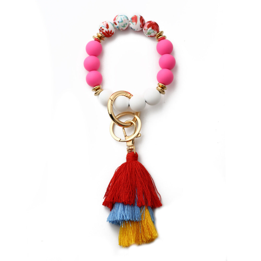Personalized Wooden Beading Western Style Tassel Charm Bangle Keychain