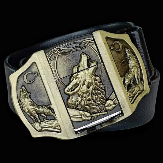(New Arrival) Fashion Punk Men's Genuine Leather Belt With Lighter - Wolf
