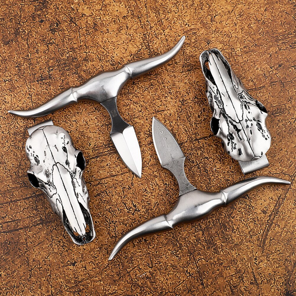 🔥LAST DAY 50% OFF🔥Damascus Dagger Longhorn Skull Push Knife