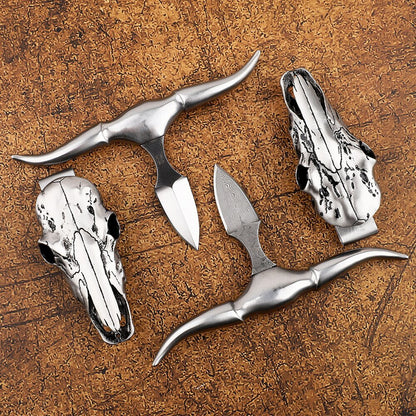 🔥LAST DAY 50% OFF🔥Damascus Dagger Longhorn Skull Push Knife