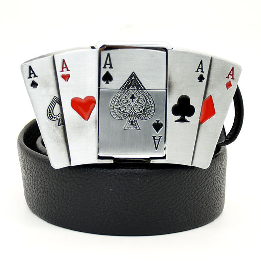 (New Arrival) Fashion Punk Men's Genuine Leather Belt With Lighter - Four Aces
