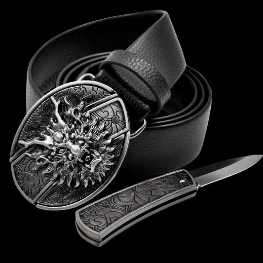 Fashion Punk Men's Genuine Leather Belt With Knife - Dragon Head