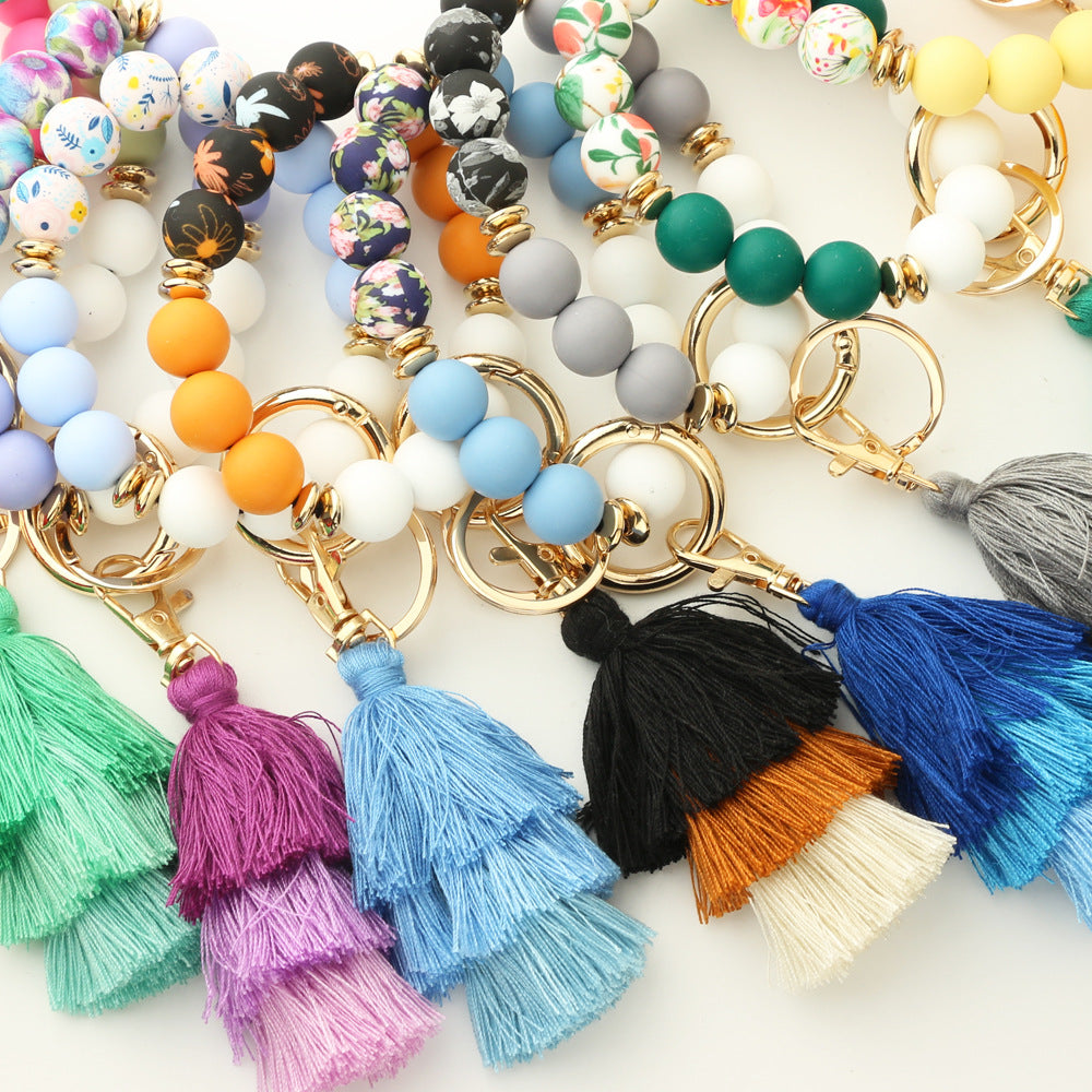 Personalized Wooden Beading Western Style Tassel Charm Bangle Keychain