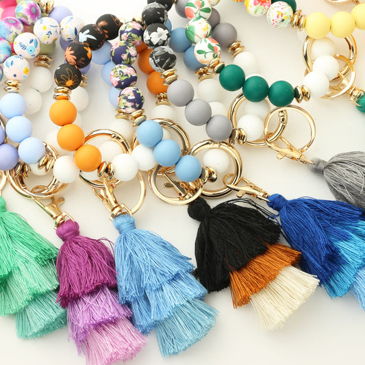 Personalized Wooden Beading Western Style Tassel Charm Bangle Keychain