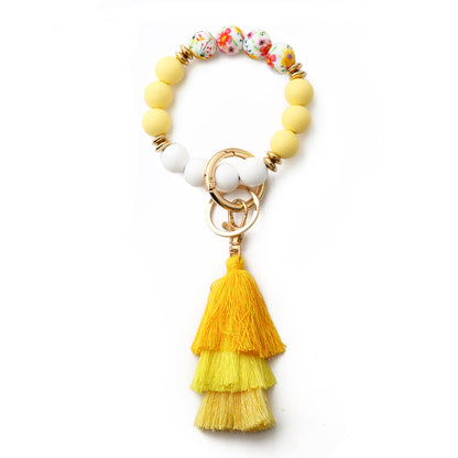 Personalized Wooden Beading Western Style Tassel Charm Bangle Keychain