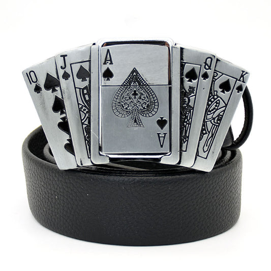 (New Arrival) Fashion Punk Men's Genuine Leather Belt With Lighter - Straight Flush