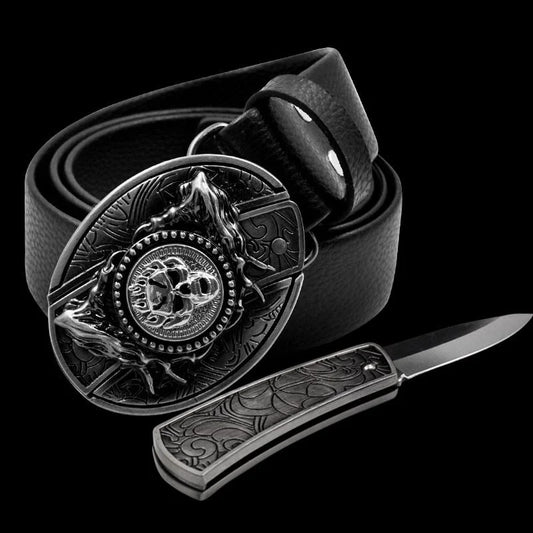 Fashion Punk Men's Genuine Leather Belt With Knife - Rotating Skull