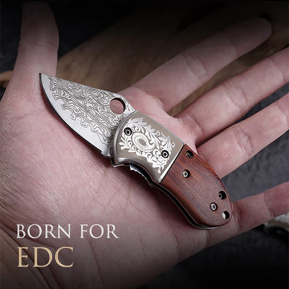 🔥LAST DAY 70% OFF🔥 Wood Handle Damascus Outdoor Mini Folding Knife EDC Pocket Knife