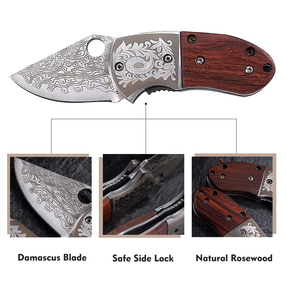 🔥LAST DAY 70% OFF🔥 Wood Handle Damascus Outdoor Mini Folding Knife EDC Pocket Knife