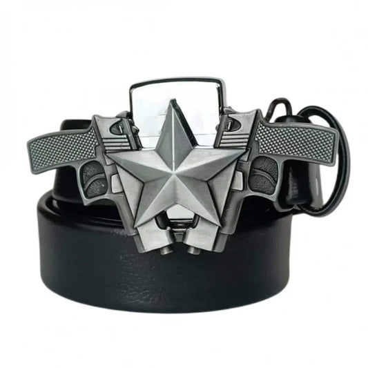 (New Arrival) Fashion Punk Men's Genuine Leather Belt With Lighter - Double Gun