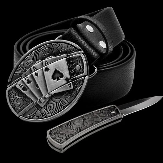 Fashion Punk Men's Genuine Leather Belt With Knife - Poker
