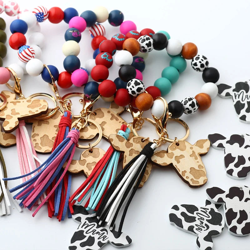 Personalized Wooden Beading Cow Head & Tassel Charm Bangle Keychain