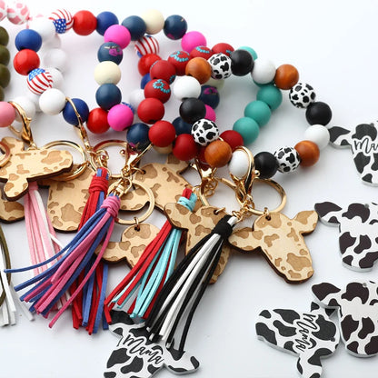 Personalized Wooden Beading Cow Head & Tassel Charm Bangle Keychain