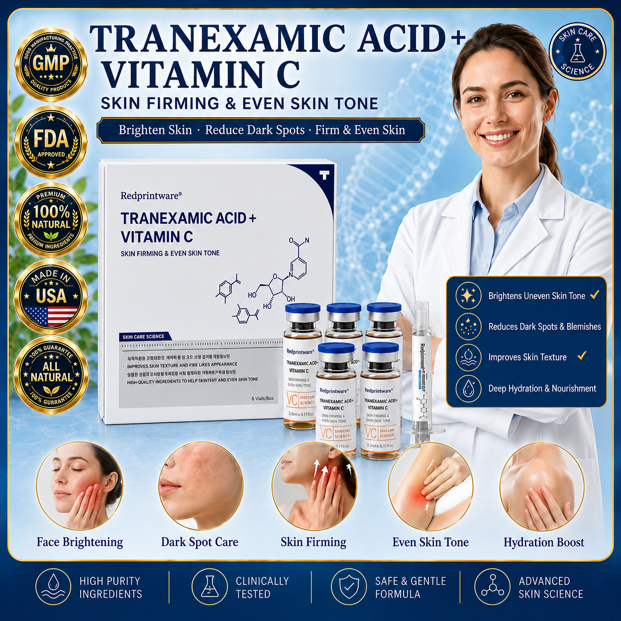 Redprintware® Tranexamic Acid + Vitamin C Serum Kit - 6 Vials -