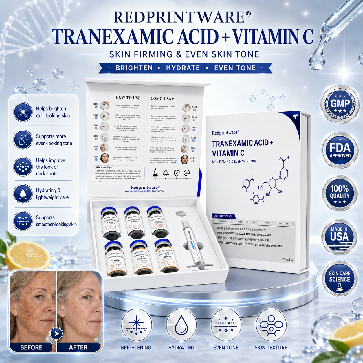 Redprintware® Tranexamic Acid + Vitamin C Serum Kit - 6 Vials -
