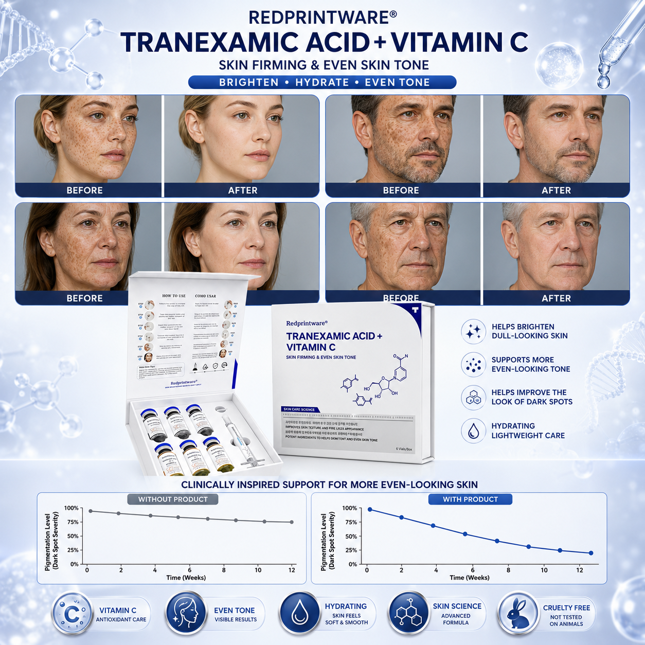 Redprintware® Tranexamic Acid + Vitamin C Serum Kit - 6 Vials -
