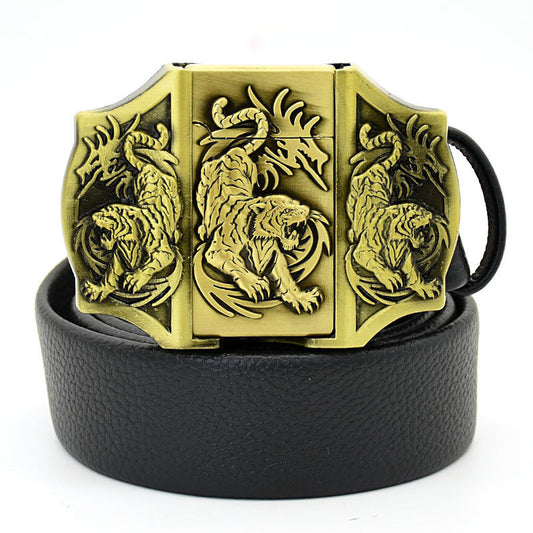 (New Arrival) Fashion Punk Men's Genuine Leather Belt With Lighter - Tiger