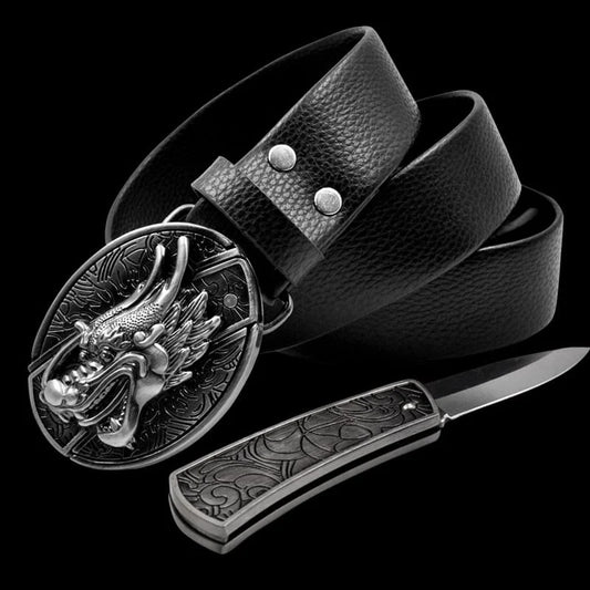 Fashion Punk Men's Genuine Leather Belt With Knife - Dragon Head 2