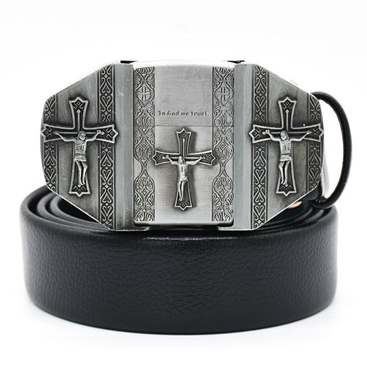 (New Arrival) Fashion Punk Men's Genuine Leather Belt With Lighter - Cross
