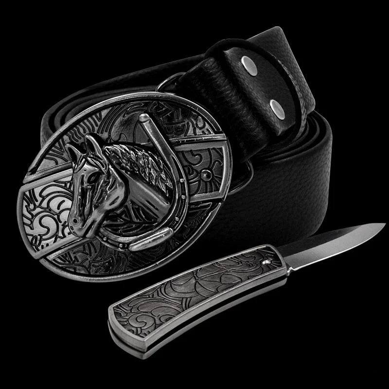 Fashion Punk Men's Genuine Leather Belt With Knife - Horse