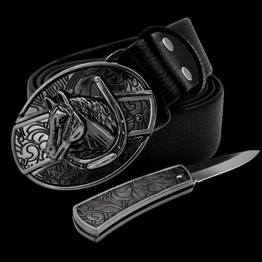 Fashion Punk Men's Genuine Leather Belt With Knife - Horse