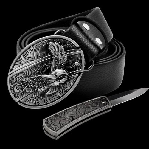 Fashion Punk Men's Genuine Leather Belt With Knife - Eagle