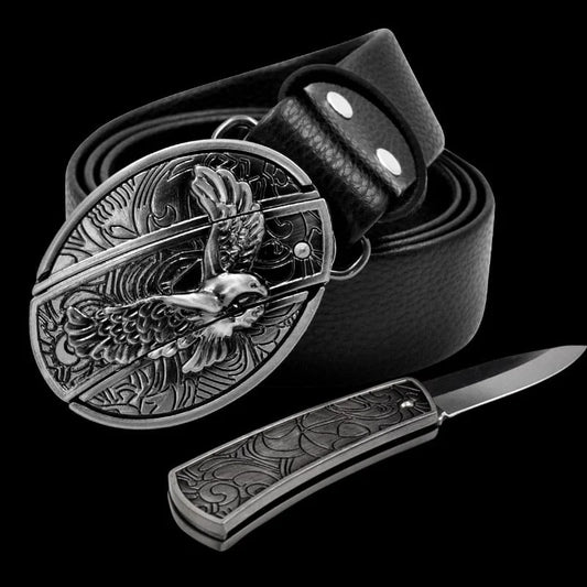 Fashion Punk Men's Genuine Leather Belt With Knife - Eagle