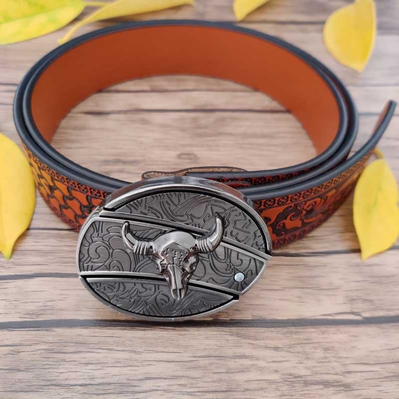 Fashion Punk Men's Genuine Leather Belt With Knife - Cow Head