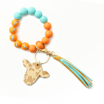 Personalized Wooden Beading Cow Head & Tassel Charm Bangle Keychain
