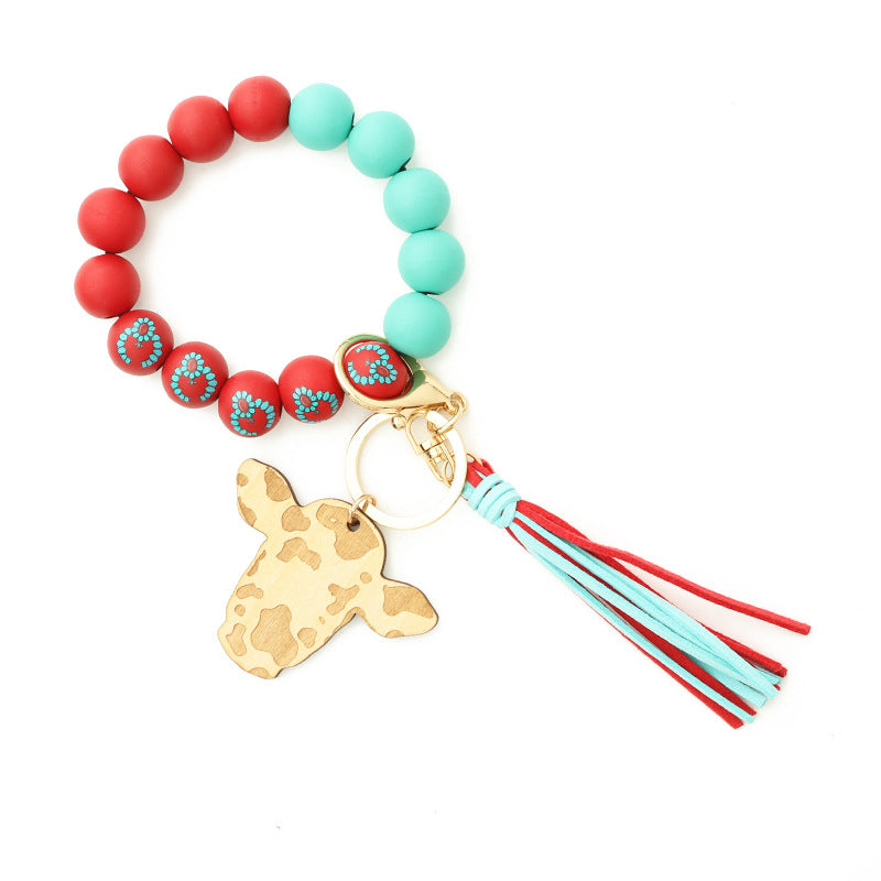 Personalized Wooden Beading Cow Head & Tassel Charm Bangle Keychain