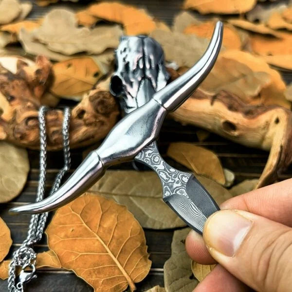 🔥LAST DAY 50% OFF🔥Damascus Dagger Longhorn Skull Push Knife