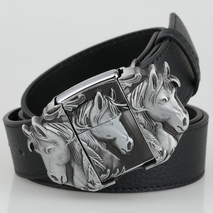 🔥New Arrival🔥 Fashion Bold Cowboy Genuine Leather Belt With Lighter