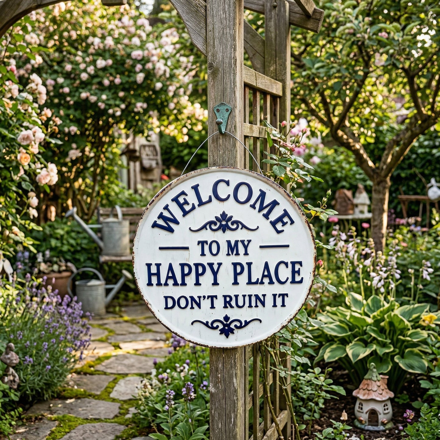 “Welcome to My Happy Place Don’t Ruin It” Garden Wall Decor